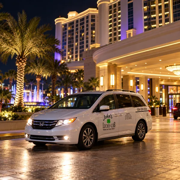 John's Lucky Cab minivan waiting outside a Gulf Coast casino resort at night