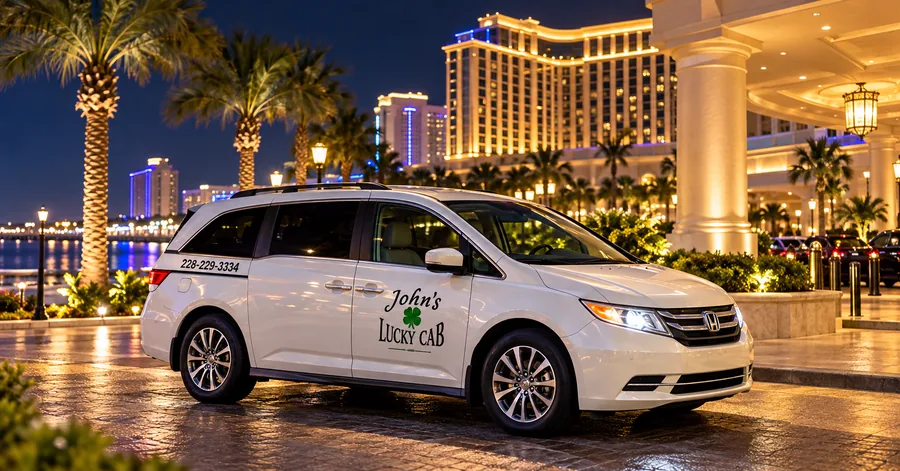 John's Lucky Cab minivan on a Gulf Coast street at night