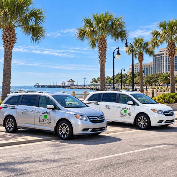 Two white John's Lucky Cab minivans parked side by side in front of a Gulf Coast casino resort